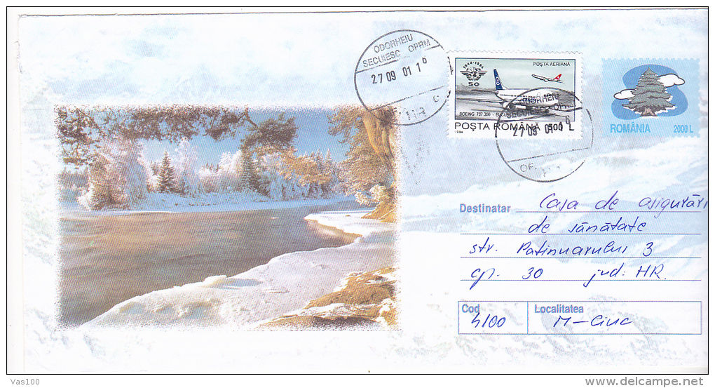 WINTER, PLANE, POSTAL STATIONERY, IMPRINTED POSTAGE CHRISTMAS TREE, 2001, ROMANIA - Brieven En Documenten