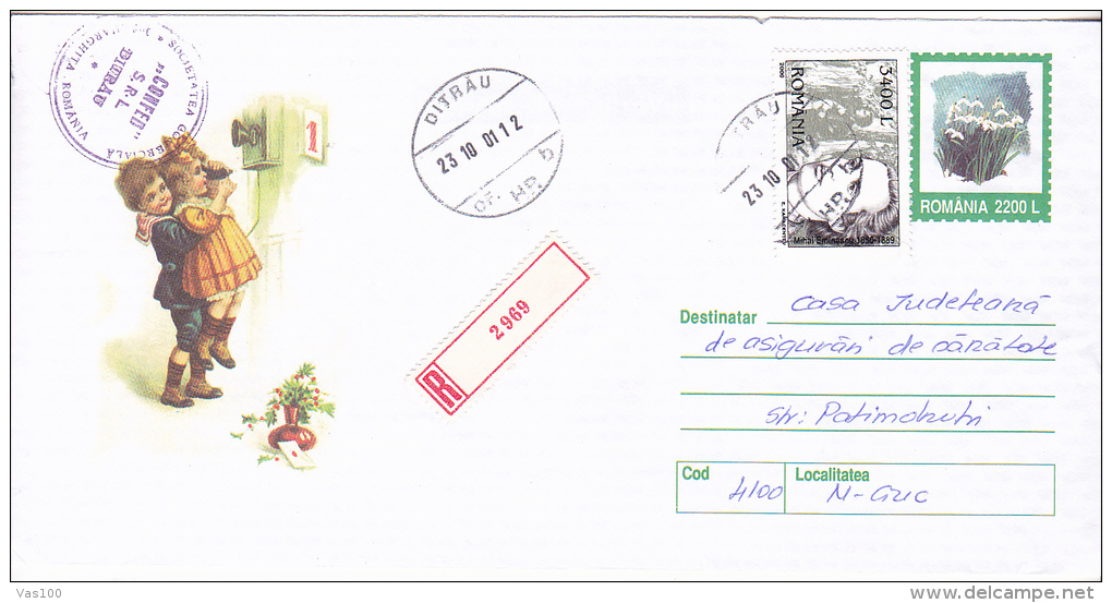 MIHAI EMINESCU, CHILDREN, REGISTERDE ON COVER, POSTAL STATIONERY, IMPRINTED POSTAGE, FLOWERS 2001, ROMANIA - Covers & Documents