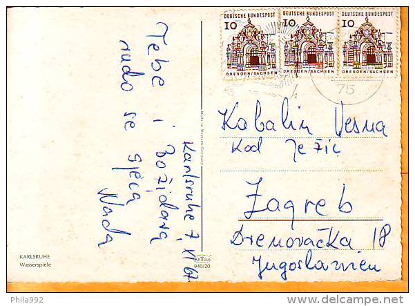 Germany 1967 Y Traveled Postcard Karlsruhe Fountains - Karlsruhe