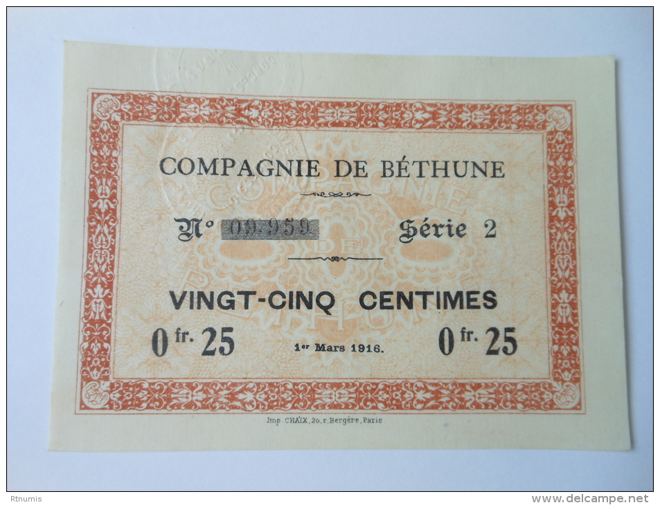 Pas-de-Calais Mines Cie De Béthune Grenay, 1ère Guerre Mondiale 25 Centimes 1-3-1916 QUALITE + R - Bons & Nécessité