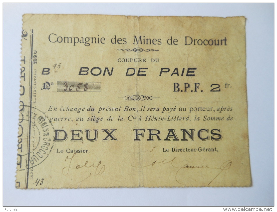 Pas-de-Calais 62 Mines De Drocourt , 1ère Guerre Mondiale 2 Francs "bon De Paie" R1 - Bons & Nécessité