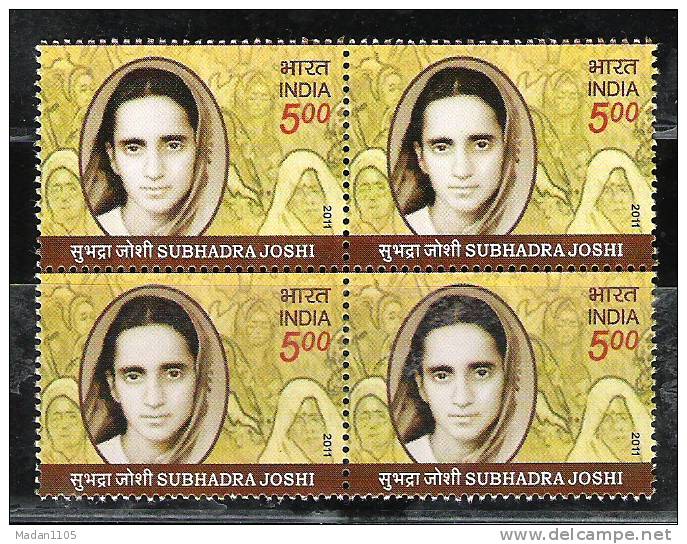 INDIA, 2011, Subhadra Joshi, Freedom Fighter, Block Of 4,  MNH, (**) - Neufs