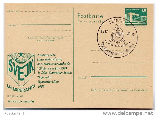 DDR P 84 C55 Postkarte Zudruck ESPERANTO BUCH SCHWEJK Leipzig Sost. 1983 - Esperanto