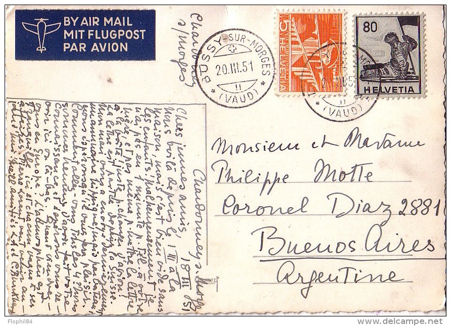 CARTE POSTALE PAR AVION DE BUSSY SUR MORGES LE 20-3-1951 POUR BUENOS-AIRES ARGENTINE - BONNE DESTINATION. - Other & Unclassified