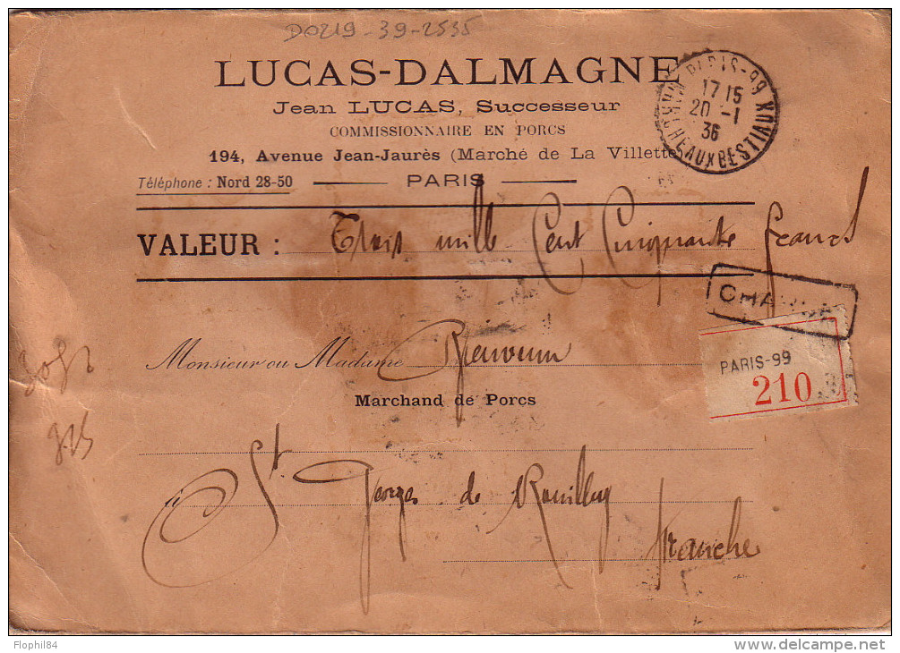 PARIS -99 - MARCHE AUX BESTIAUX LE 20-1-1936 (RARE CACHET) - LETTRE CHARGEE 3150F - ENTETE - Cachets Manuels