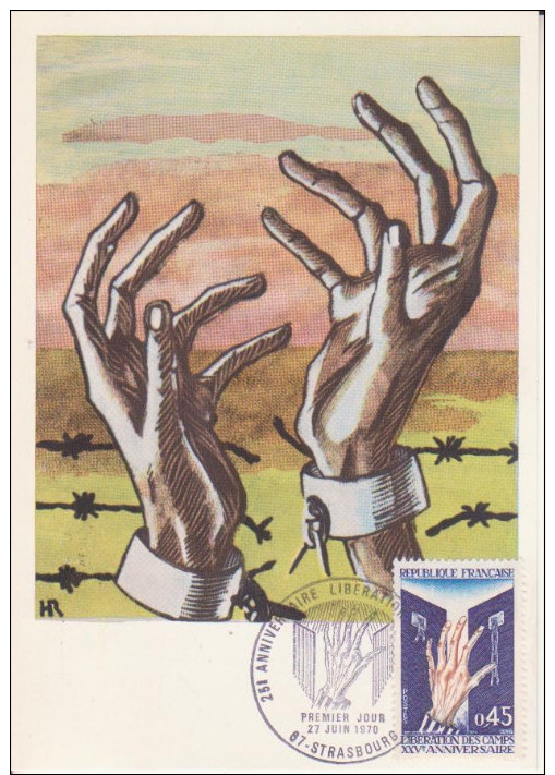 Main ** 25ème Anniversaire : LIBERATION Des CAMPS De DEPORTATION ** Yvt N°1648 - Carte Maximum FRANCE 1970 - 1970-1979