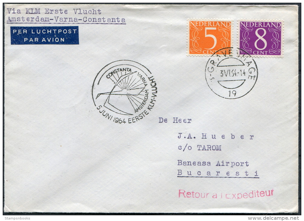 1964 Netherlands Romania Amsterdam - Bucaresti KLM First Flight Cover - Luftpost