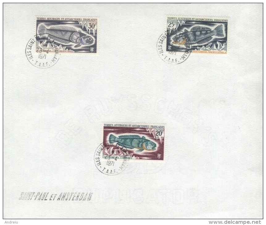 1971 FSAT TAAF French Antarctica - Iles Saint Paul Et Amsterdam ,fish, Poisson, Mi 62/64, Yv.36/38, Stamp Over Document - Used Stamps