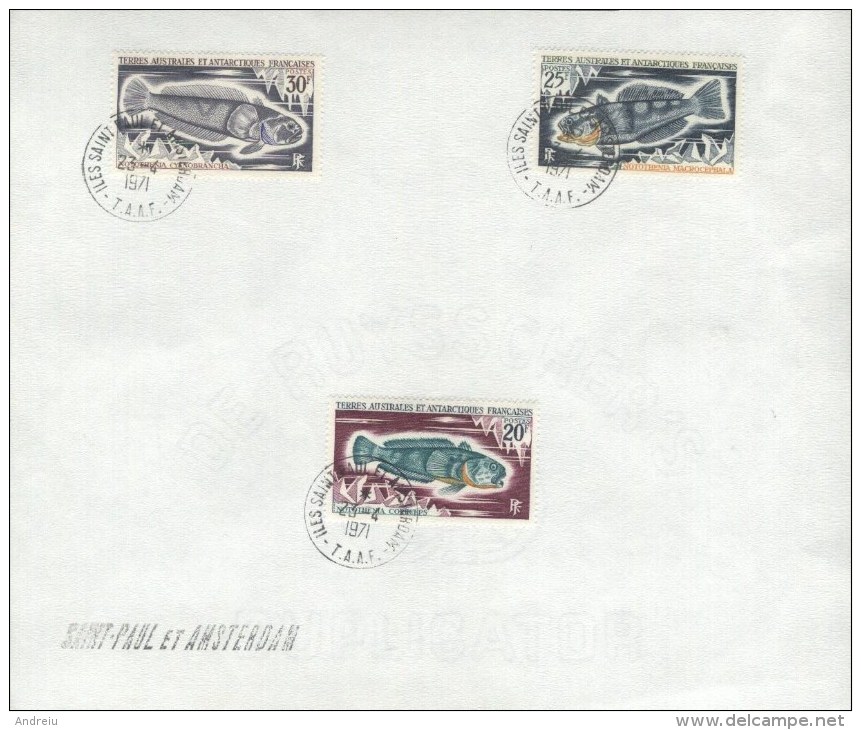 1971 FSAT TAAF French Antarctica - Iles Saint Paul Et Amsterdam ,fish, Poisson, Mi 62/64, Yv.36/38, Stamp Over Document - Oblitérés