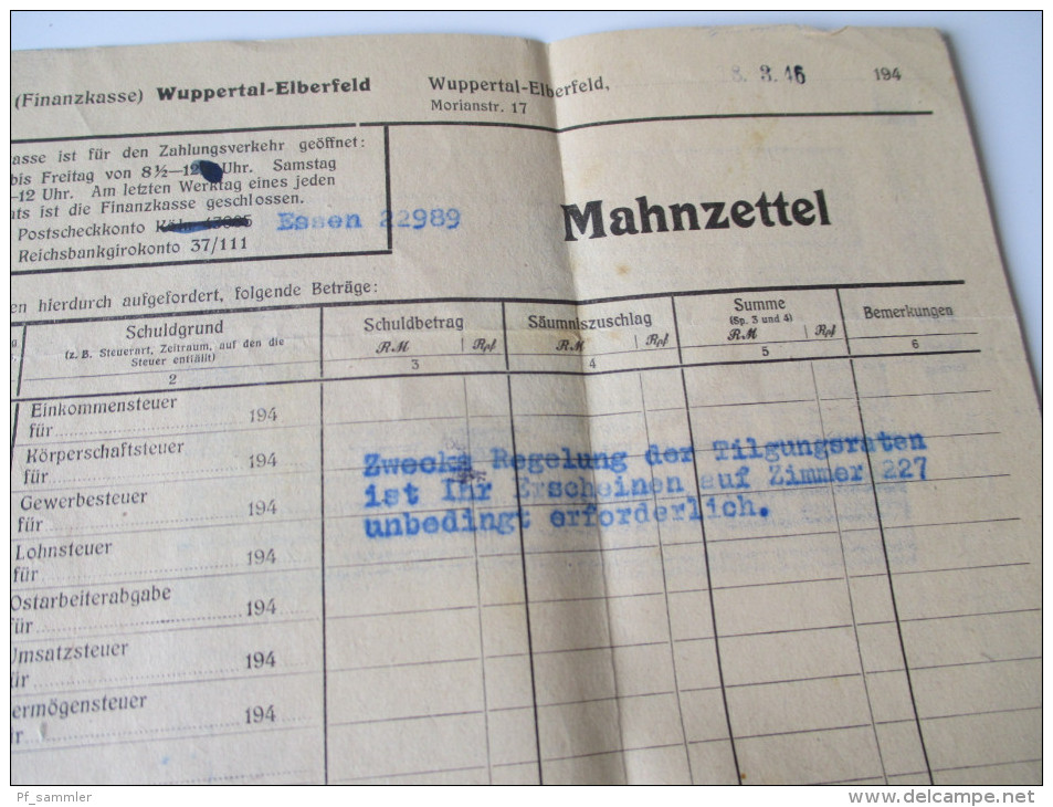 Mahnzettel Finanzamt Wuppertal-Elberfeld 19.3.1946. Aufbrauch von alten Dokumenten des DR. Stempel/Hakenkreuz geschwärzt