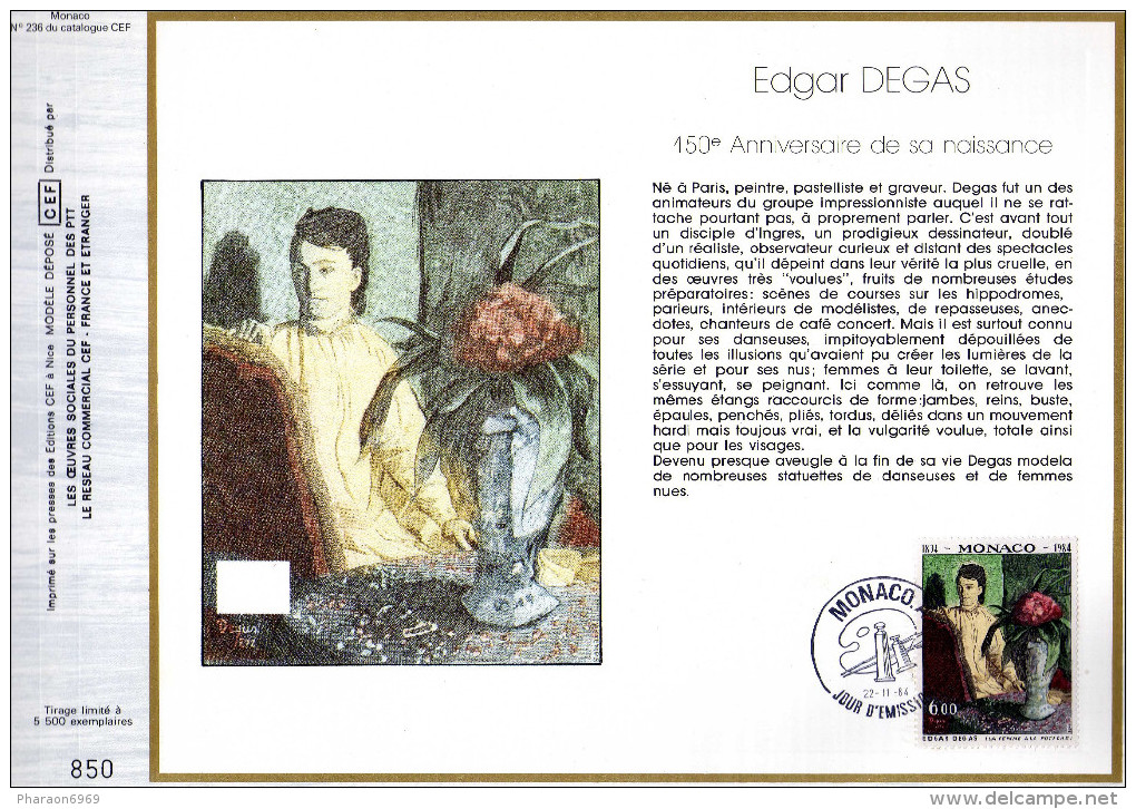 Feuillet Tirage Limité CEF 236 Peintre Peinture Edgar Degas Monaco - Lettres & Documents