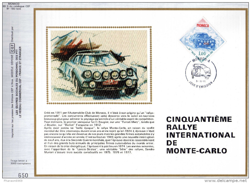 Feuillet Tirage Limité CEF 189 Soie Cinquantième Rallye Internatonal De Monte-Carlo Voiture Auto Automobile Monaco - Covers & Documents