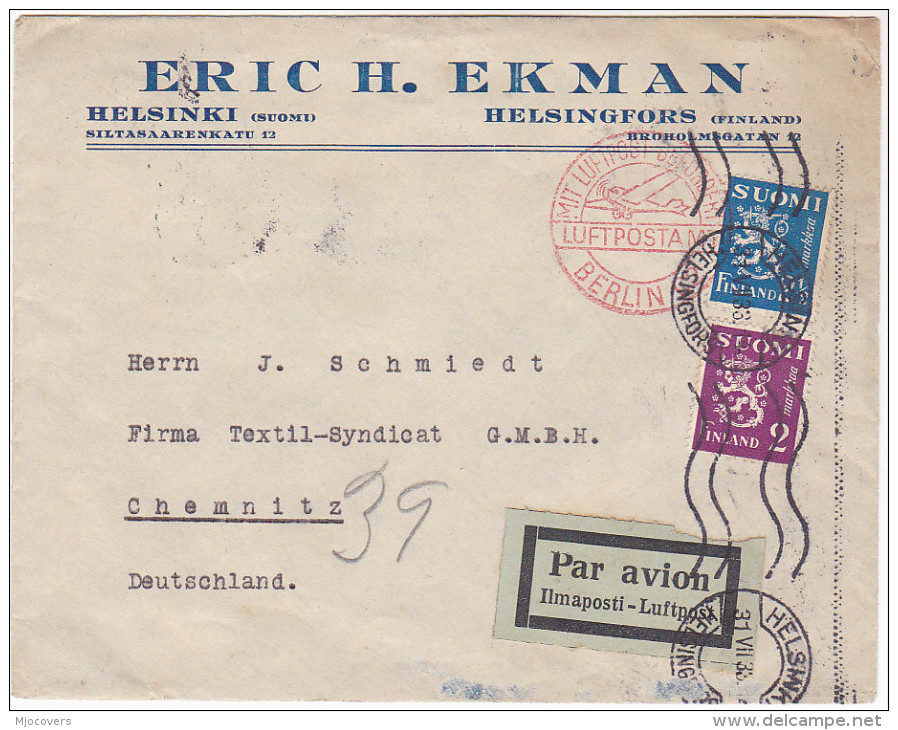 1933 Air Mail FINLAND COVER To GERMANY Mit LUFTPOST BERLIN RED PMK  2 1/2 2 Herladic Lion Stamps Airmail Label - Storia Postale