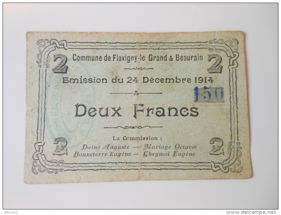 Aisne 02 Flavigny-le-grand Et Beaurain , 1ère Guerre Mondiale 2 Francs 24-12-1914 R3 !! - Bons & Nécessité