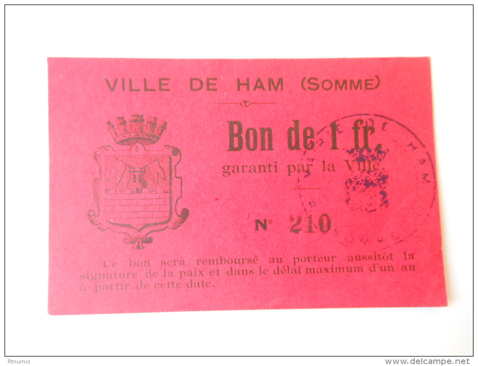 Somme 80 Ham , 1ère Guerre Mondiale 1 Franc - Bons & Nécessité