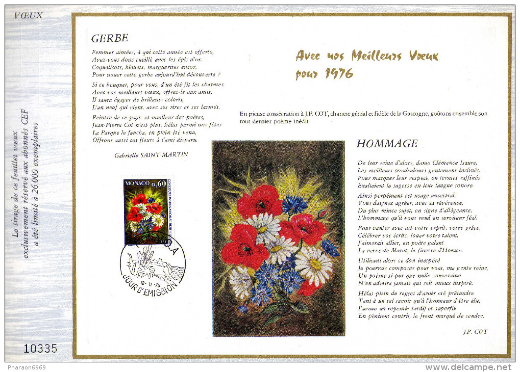 Feuillet Tirage Limité CEF Fleurs Bouquet Gerbe Voeux Monaco - Covers & Documents