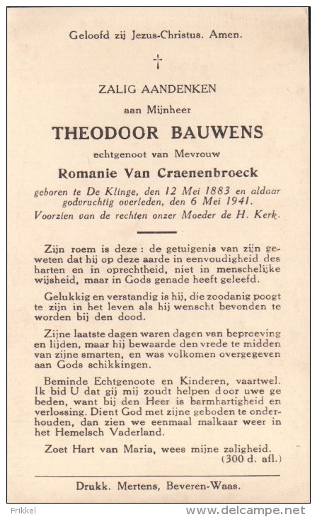 Doodsprentje Met Foto Theodoor Bauwens (x Romanie Van Craenenbroeck ) ° Klinge 1883 + 1941 - Devotion Images