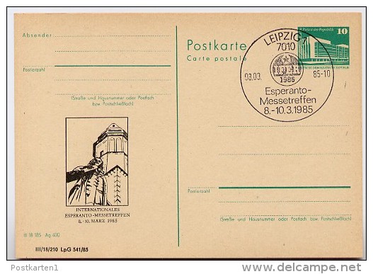 DDR P84-5-85 C109 Postkarte Zudruck BACHDENKMAL ESPERANTO Leipzig Sost. 1985 - Esperanto