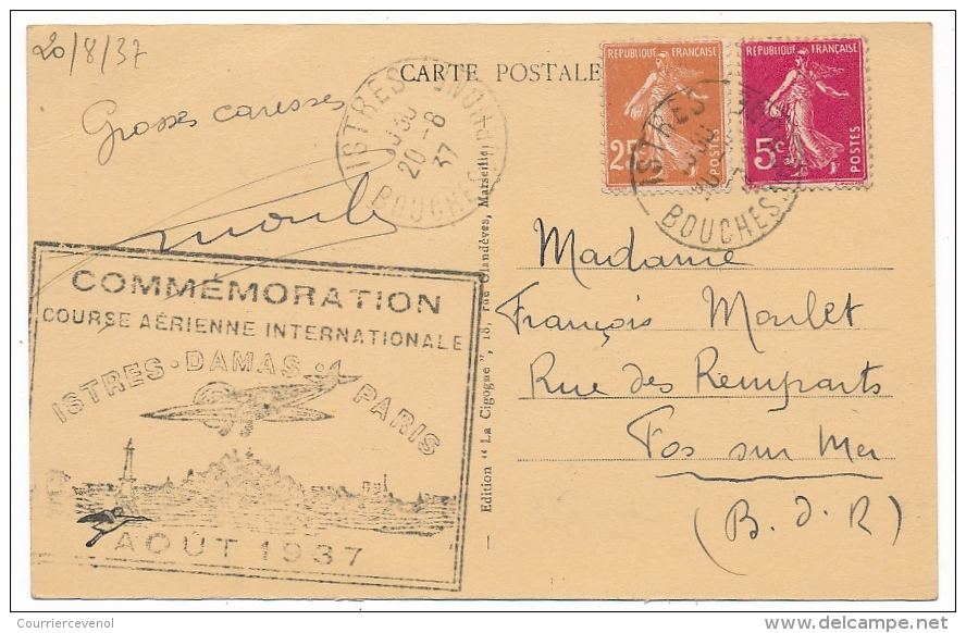FRANCE - Commémoration "Course Aérienne Internationale ISTRES DAMAS PARIS Aout 1937" Sur CP Istres 1937 - First Flight Covers