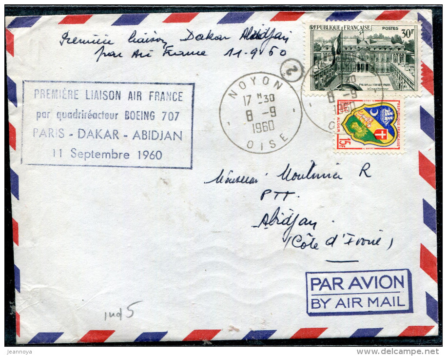 FRANCE - N° 1192 + 1195 / LETTRE AVION DE NOYON LE 8/9/1960, 1ére LIAISON BOEING 707 PARIS DAKAR ABIDJAN - TB - Primeros Vuelos