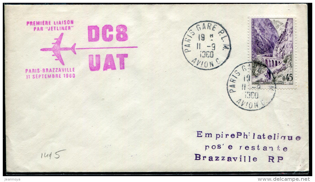 FRANCE - N° 1237 / LETTRE AVION DE PARIS LE 11/9/1960, 1ére LIAISON DC8 UTA PARIS BRAZZAVILLE - TB - Primeros Vuelos