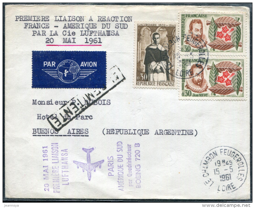 FRANCE - N° 1286 (2) + 1287 / LETTRE AVION DE LA LOIRE LE 15/5/1961, 1ére LIAISON BOEING 720B PARIS AMERIQUE DU SUD - TB - Premiers Vols