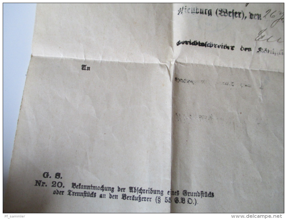 Grundbuch Eintrag / Übertrag 1917 Frei durch Avers No. 21 Kgl. Pr. Amtsgericht. Nienburg. Urkunde / Dokument