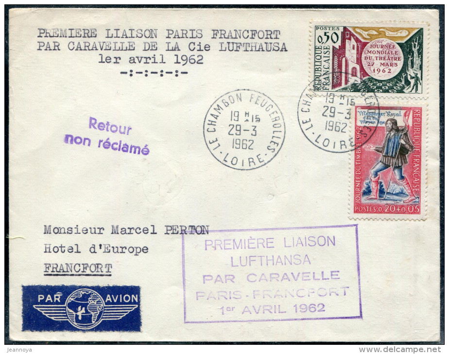 FRANCE - N° 1332 + 1334 / LETTRE AVION DE LA LOIRE LE 29/3/1962, 1ére LIAISON PAR CARAVELLE PARIS FRANCFORT - TB - Primeros Vuelos