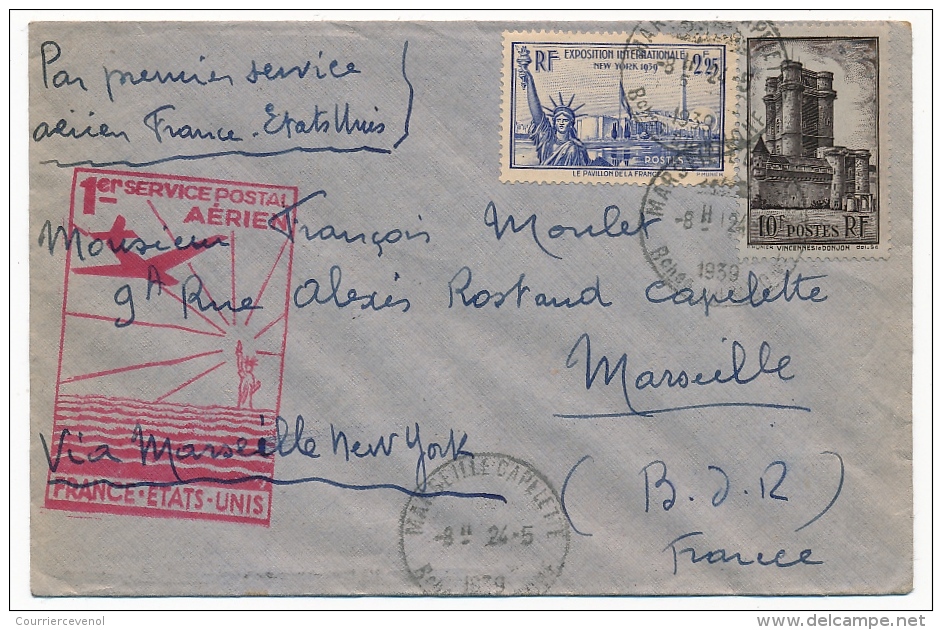 FRANCE - 1er Service Postal Aérien France =>Etats-Unis - 1939 - Affranchissement Composé - First Flight Covers