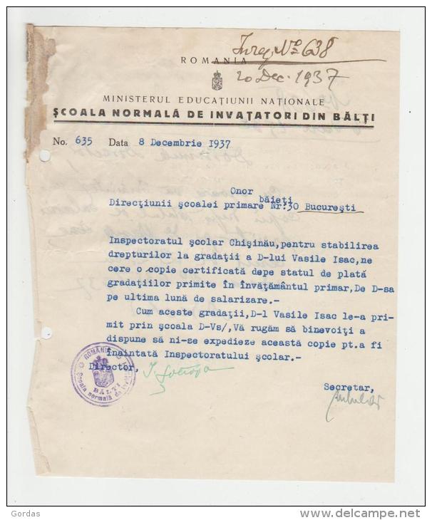 Moldova - Balti - Bessarabia - His. Romania - Scoala Normala De Invatatori 1937 - Moldavie