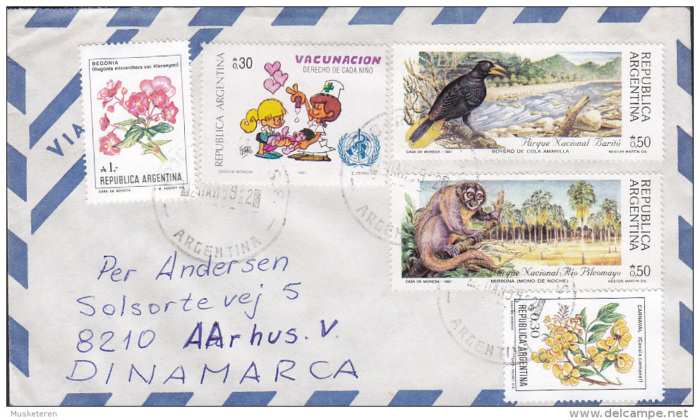 Argentina Via Aerea RECREO 1989 Mult Franked Cover Letra To AARHUS Denmark Bird Vogel Oiseau Monkey Affe - Briefe U. Dokumente