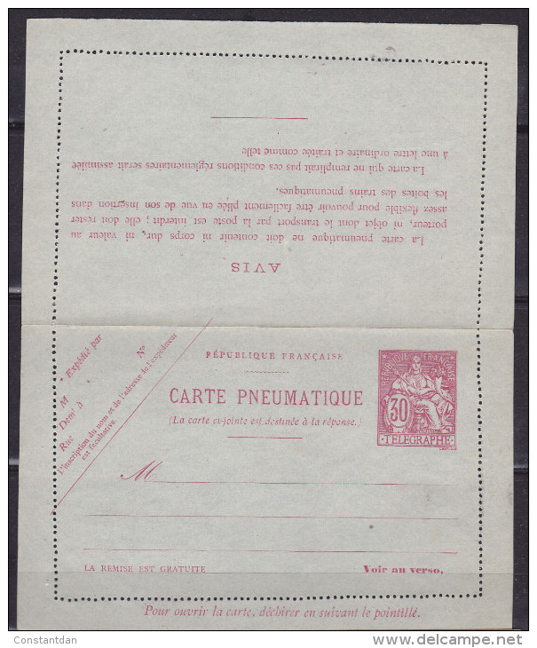 FRANCE CARTE PNEUMATIQUE 30C ROUGE NEUF LUXE - Pneumatische Post