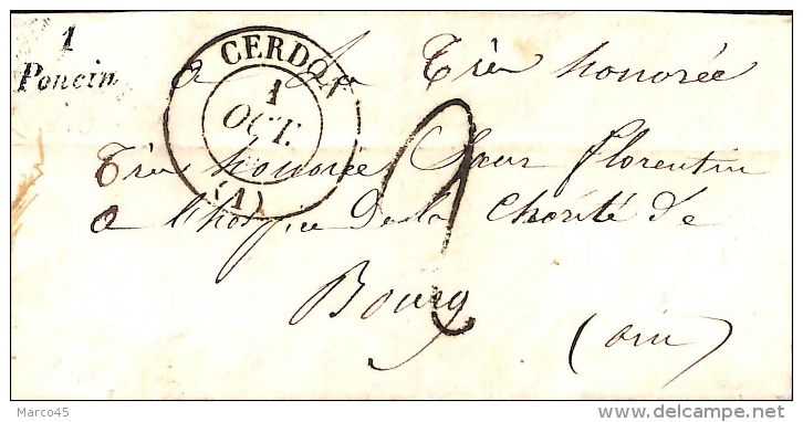 AIN - LAC Avec CURSIVE   1 Poncin + Cad T13 CERDON De 1849 - 1801-1848: Vorläufer XIX