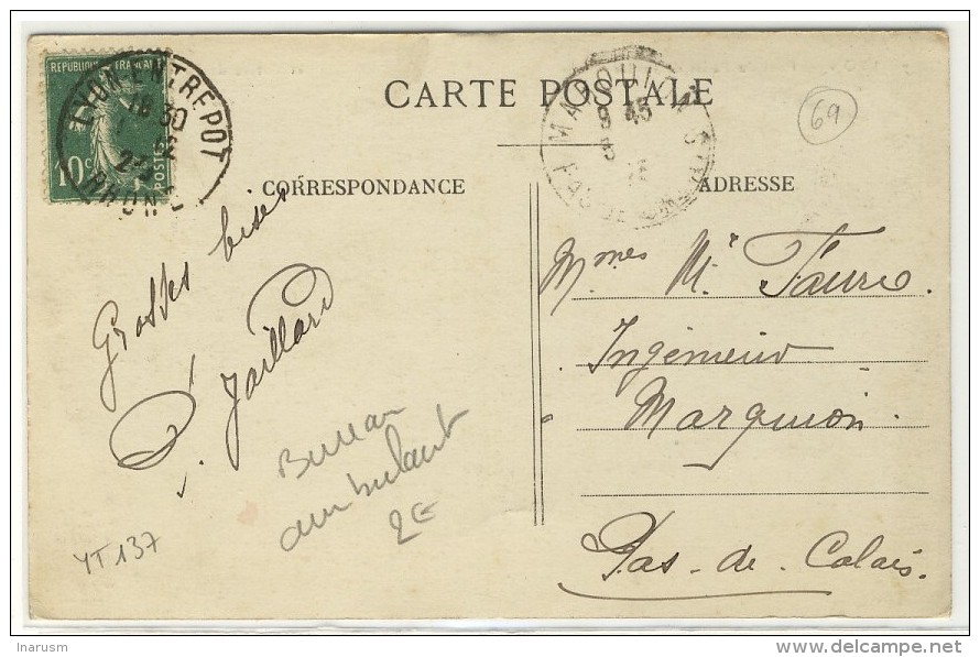 Bureau Ambulant Des Gares  -  T04  -  " LYON-ENTREPOT / RHONE / 1923 " -  Sur YT 137 - Railway Post