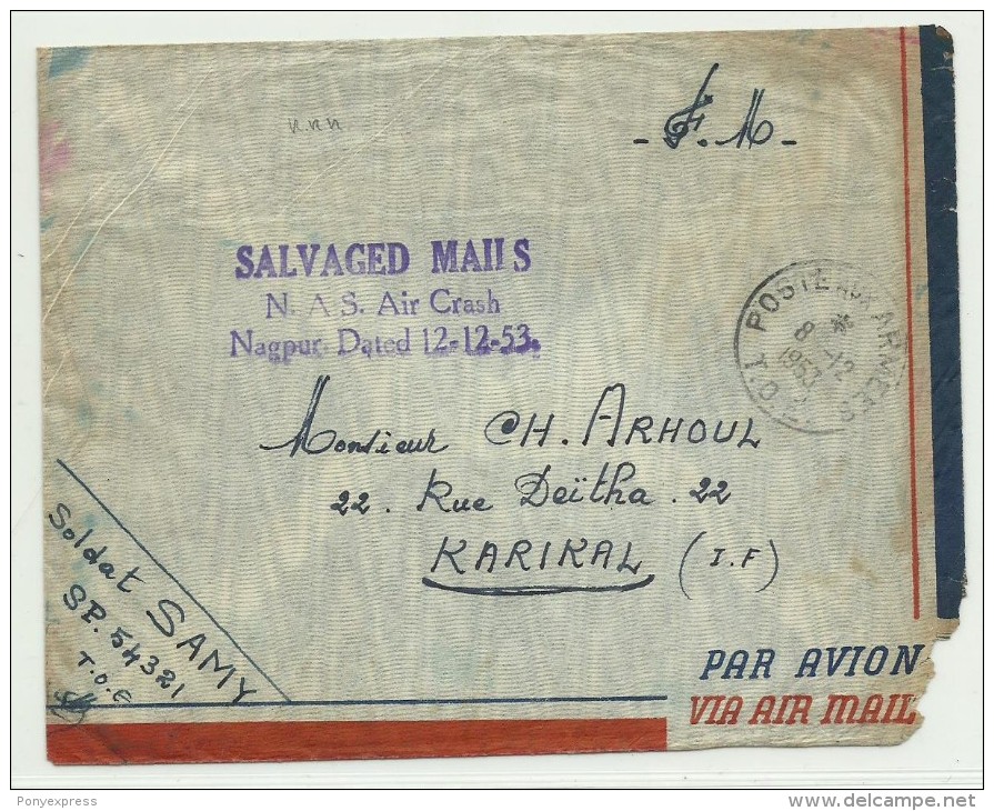 Lettre F.M. 1953, Accidenté Aérien En Inde, Nierinck 531212, Pour Karikal - Covers & Documents