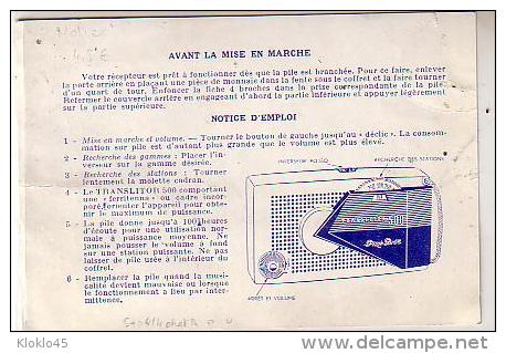 NOTICE D´EMPLOI  Du TRANSLITOR 500 Pizon Bros - ( Transistor )  Format 9.5 X 14 Cm Couleur Bleu - Audio-Visual