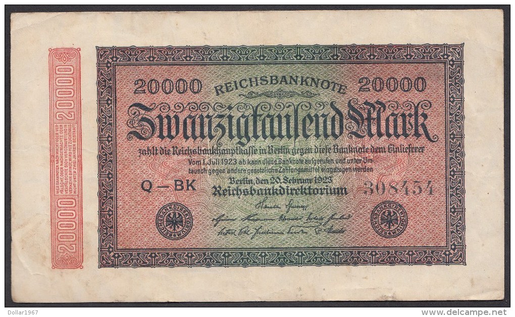 P 84 -Deutsches Reich -- Germany 20000 Mark 20-2- 1923.     Q - BK 308454. - 20000 Mark