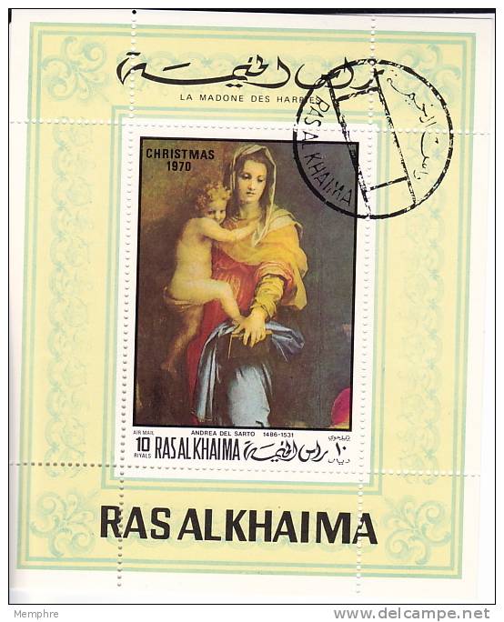 1970  Christmas Issue Souvenir Sheet Madona Painting By Andrea Del Sarto Michel Block F 95  Used - Ras Al-Khaima