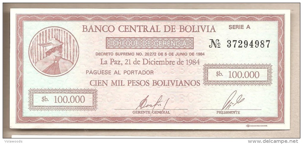 Bolivia - Banconota "Cheque" Non Circolata Da 100.000 Pesos - 1984 - Bolivien