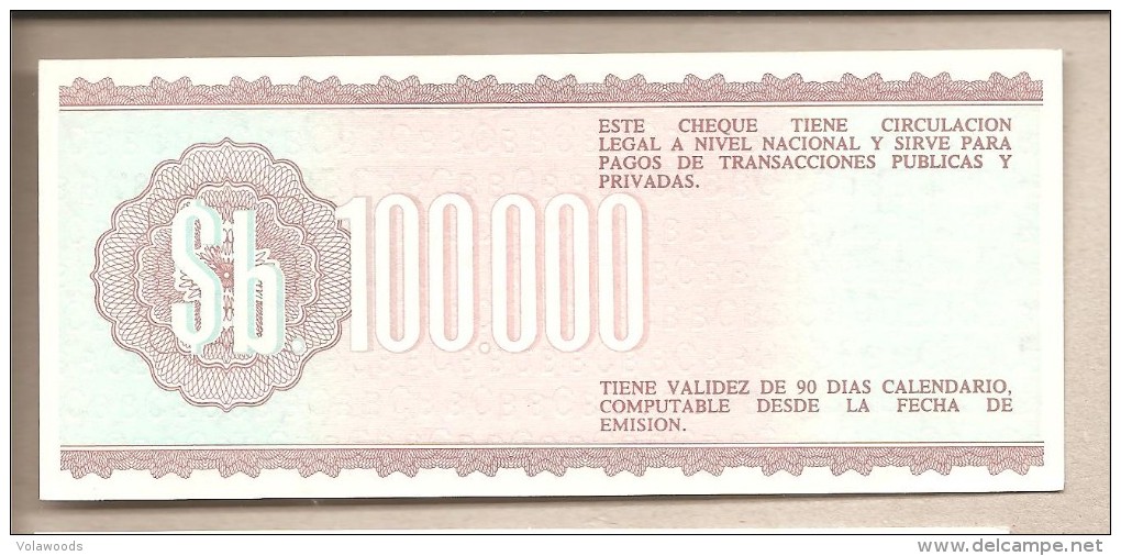 Bolivia - Banconota "Cheque" Non Circolata Da 100.000 Pesos - 1984 - Bolivien