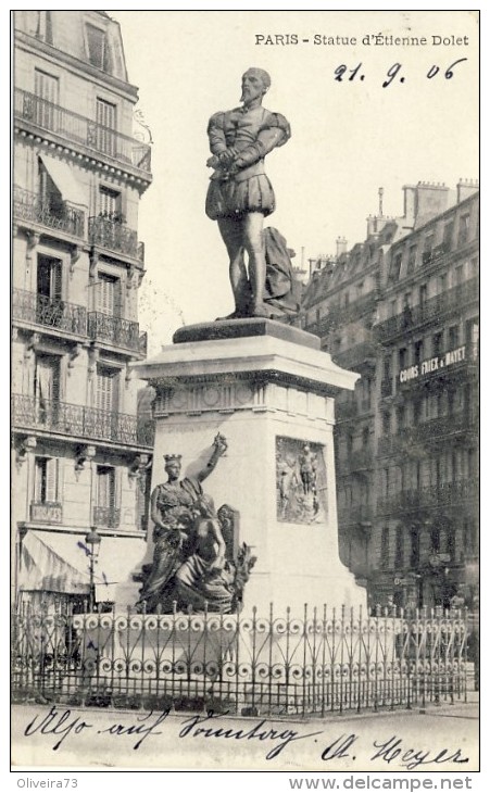 CPA -  PARIS,  Statue D´Étienne Dolet  - 2 Scans - Standbeelden