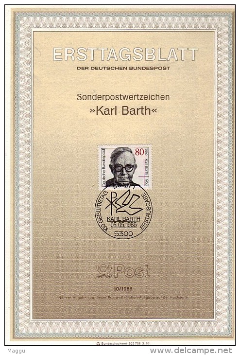 ALLEMAGNE  Carte  Notice 1er Jour 1986 Theologien Karl Barth - Theologians