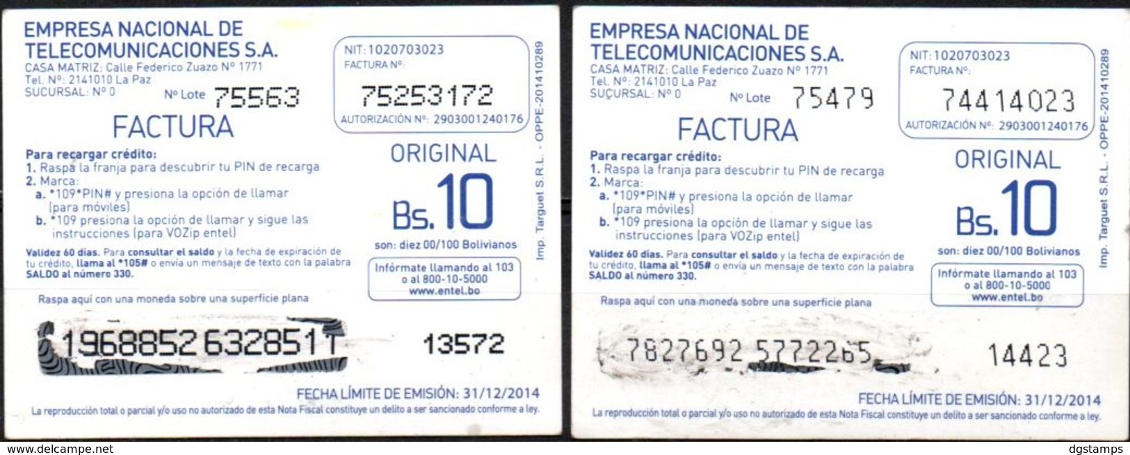 Bolivia 2013 - 31-12-2014 Prepago ENTEL. YPFB Engarrafadora De Gas Senkata - El Alto . 2 Tiradas, 2 TIPOS De Numeracion. - Erdöl