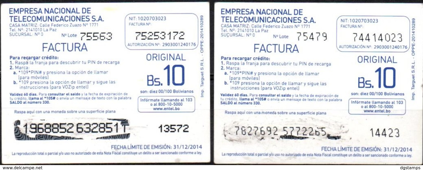 Bolivia 2013 - 31-12-2014 Prepago ENTEL. YPFB Engarrafadora De Gas Senkata - El Alto . 2 Tiradas, 2 TIPOS De Numeracion. - Petrole
