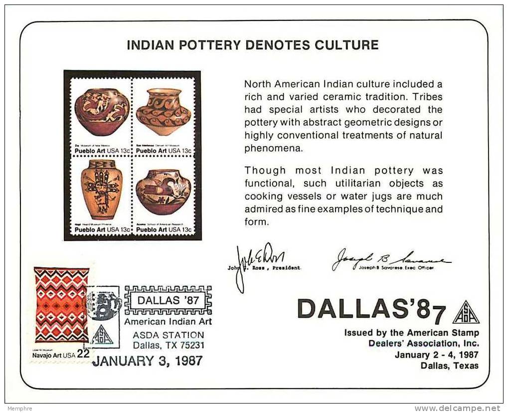 Souvenir Card  - DALLAS ´87  Indian Pottery - Souvenirs & Special Cards