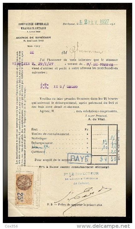 Document De La Cie Gle TRANSATLANTIQUE Steamer : VIRGINIE.R Venant De F.DE.FRANCE Le 02.02.1927 - Transports