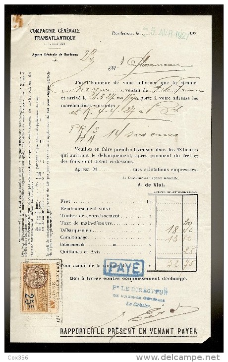 Document De La Cie Gle TRANSATLANTIQUE Steamer :HACOUS  Venant De F.DE.FRANCE . Arrivé Au HAVRE Le 21.03.1927 - Transportmiddelen