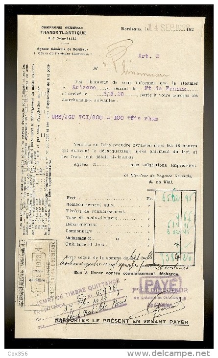 Document De La Cie Gle TRANSATLANTIQUE Steamer :ARIZONA   Venant De F.DE.FRANCE Le 7.09.1928 - Transportmiddelen