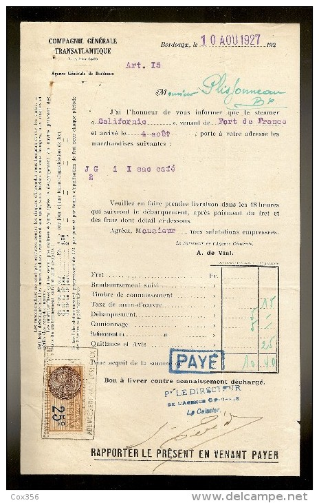Document De La Cie Gle TRANSATLANTIQUE Steamer : CALIFORNIE Venant De F.DE.FRANCE Le 10.09.1927 - Transports