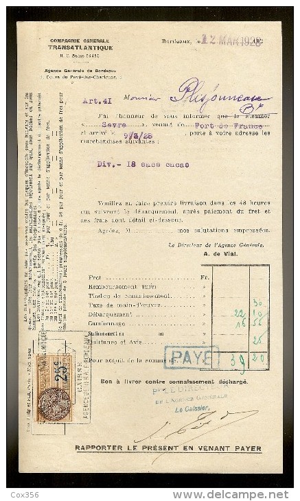 Document De La Cie Gle TRANSATLANTIQUE Steamer : SEVRE Venant De F.DE.FRANCE Le 02.03.1928 - Transports